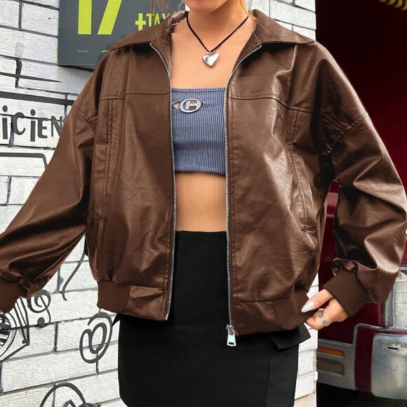 Brown Casual Women's Drop Shoulder Zipper Patent Black Jacket - Picture 4 of 6